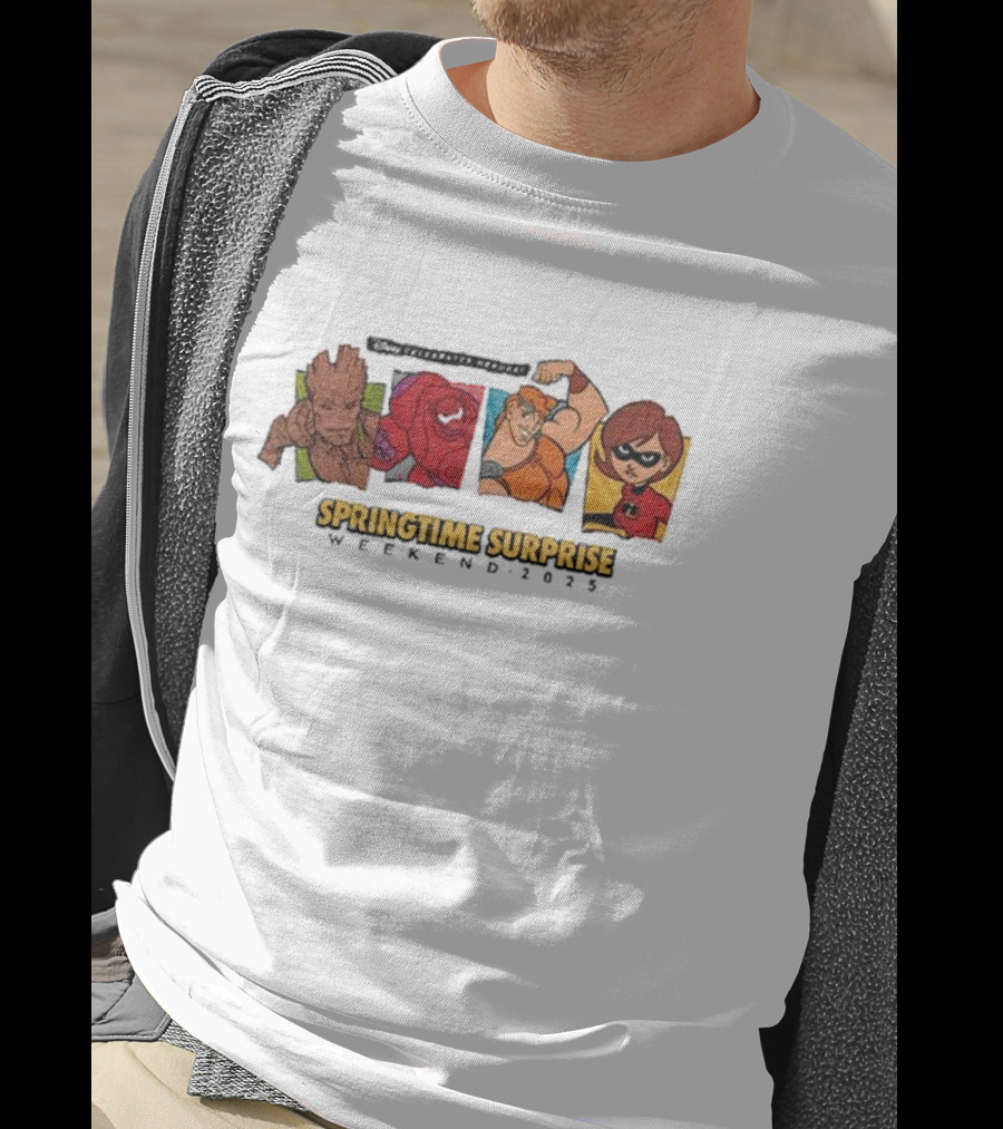 Run Disney Springtime Surprise Weekend 2025 Groot Baymax Hercules Elastigirl T-Shirt