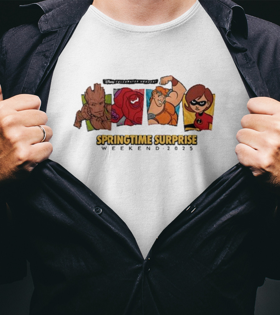 Run Disney Springtime Surprise Weekend 2025 Groot Baymax Hercules Elastigirl T-Shirt