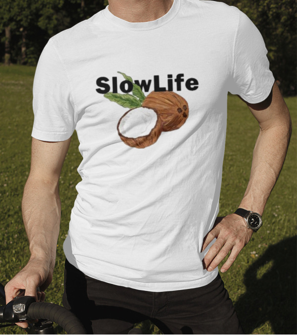 Slow Life Coconut Illustration With Text And Leaves T-Shirt