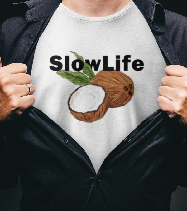 Slow Life Coconut Illustration With Text And Leaves T-Shirt