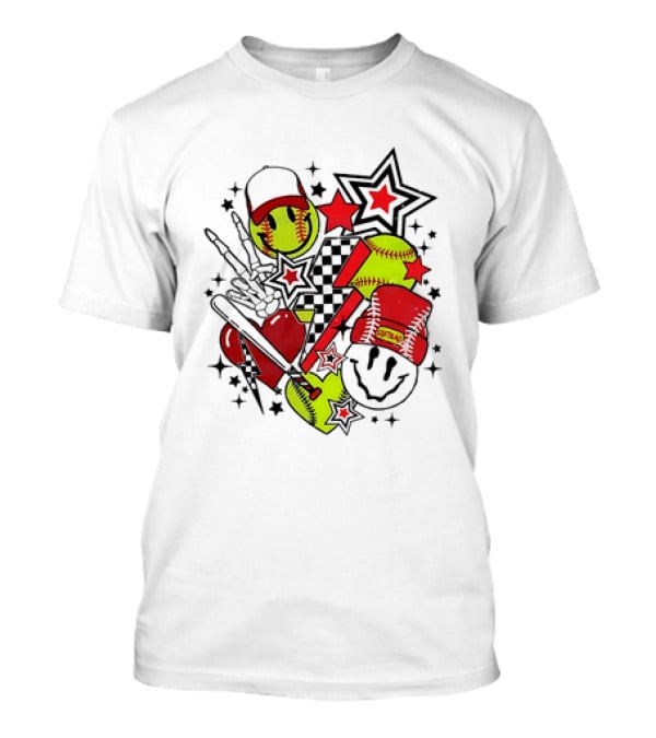Softball Smiley Face Devil Cap Bats And Stars Retro T-Shirt