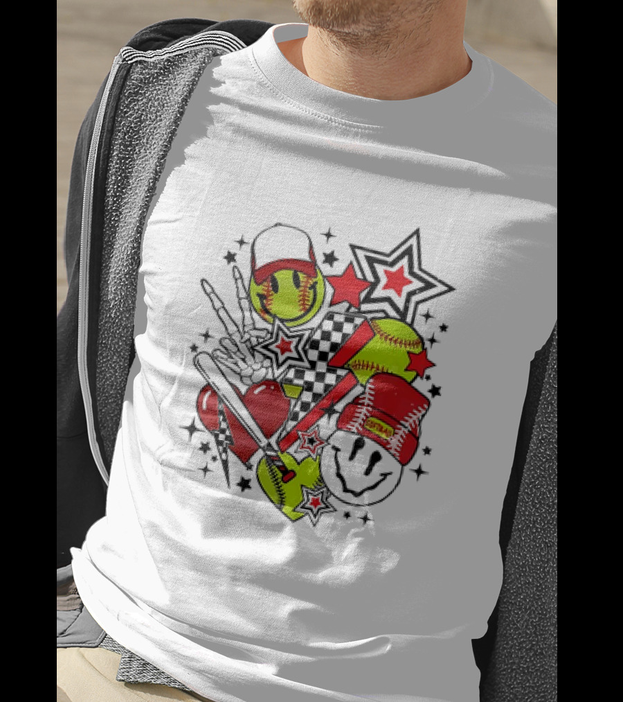 Softball Smiley Face Devil Cap Bats And Stars Retro T-Shirt