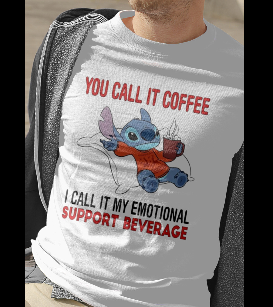 Stitch You Call It Coffee I Call It My Emotional Support Beverage Blue Alien Character With Hot Drink In Red Sweater T-Shirt