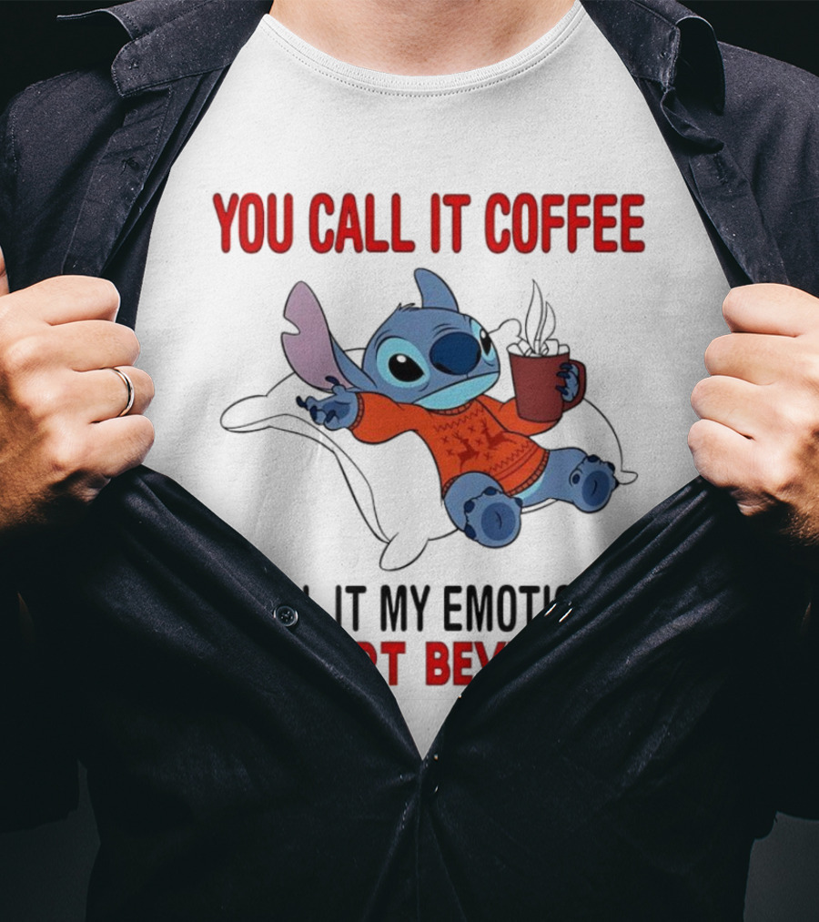Stitch You Call It Coffee I Call It My Emotional Support Beverage Blue Alien Character With Hot Drink In Red Sweater T-Shirt