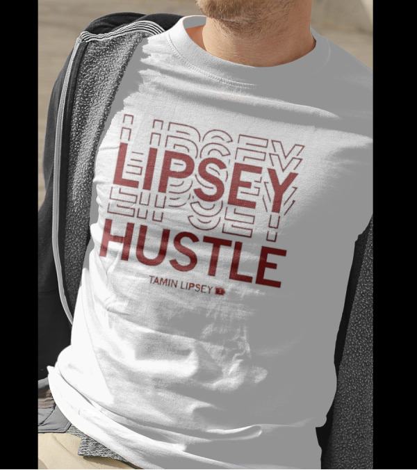 Tamin Lipsey Hustle Repeating Bold Red Text T-Shirt