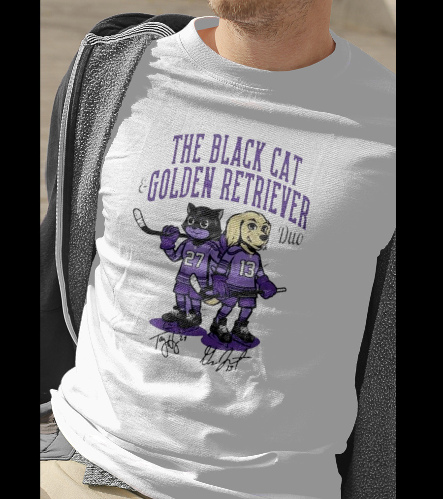 The Black Cat Golden Retriever 27 13 Hockey Duo T-Shirt