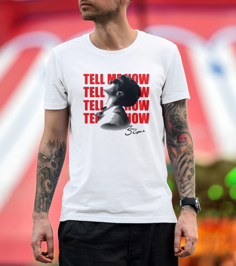Tell Me How Ben Rodrigues Signature Black and White Artistic Portrait with Repeated Text in Eye-Catching Red Style T-Shirt