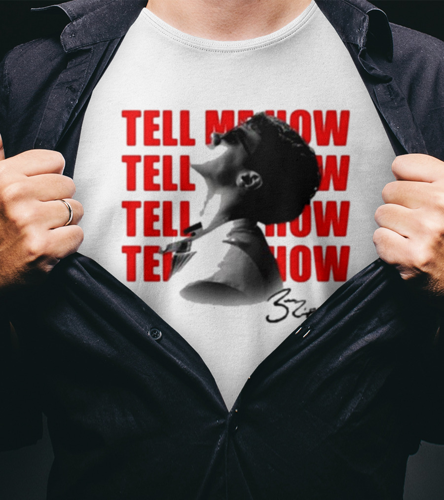 Tell Me How Ben Rodrigues Signature Black And White Artistic Portrait With Repeated Text In Eye-Catching Red Style T-Shirt