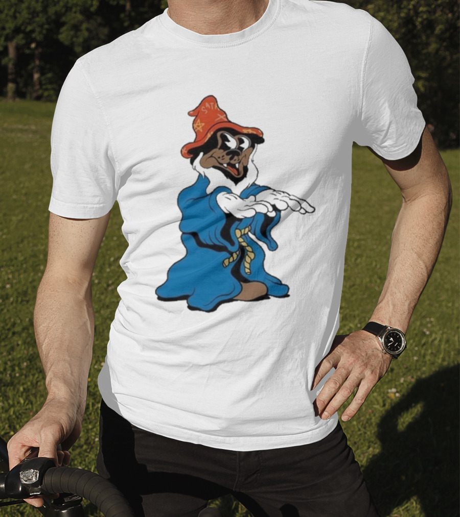 The Dudes It’s All Wavy Wizard Dog In Blue Robe With Orange Star Hat T-Shirt