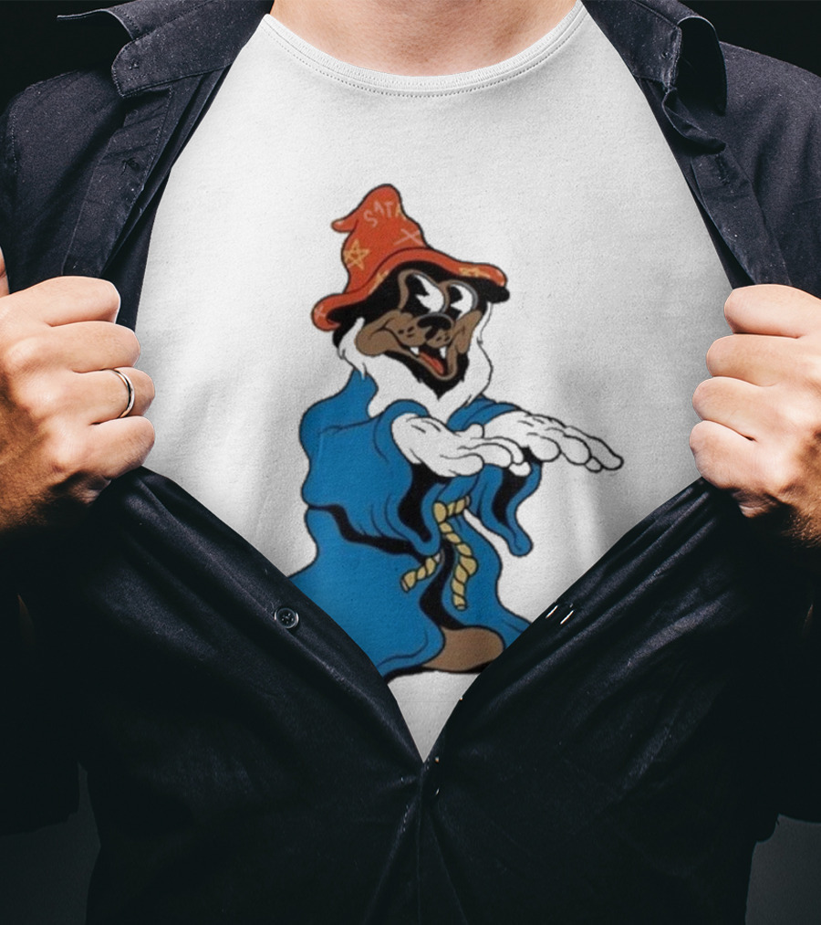 The Dudes It’s All Wavy Wizard Dog In Blue Robe With Orange Star Hat T-Shirt