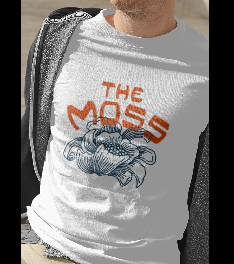 The Moss Flower 2025 Bold Blue And Orange Text Over Artistic Floral Illustration T-Shirt