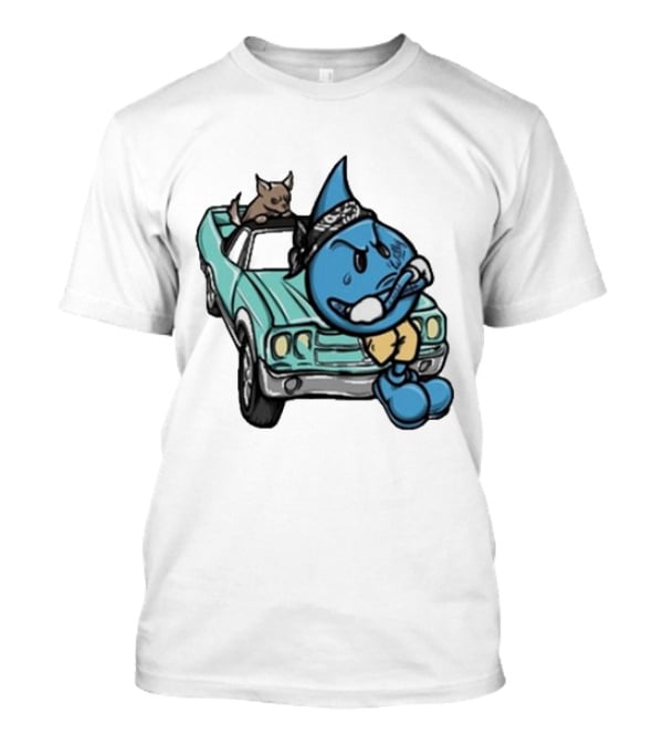 Thornhill Bat White Blue Cartoon Character With Dog In Classic Car T-Shirt