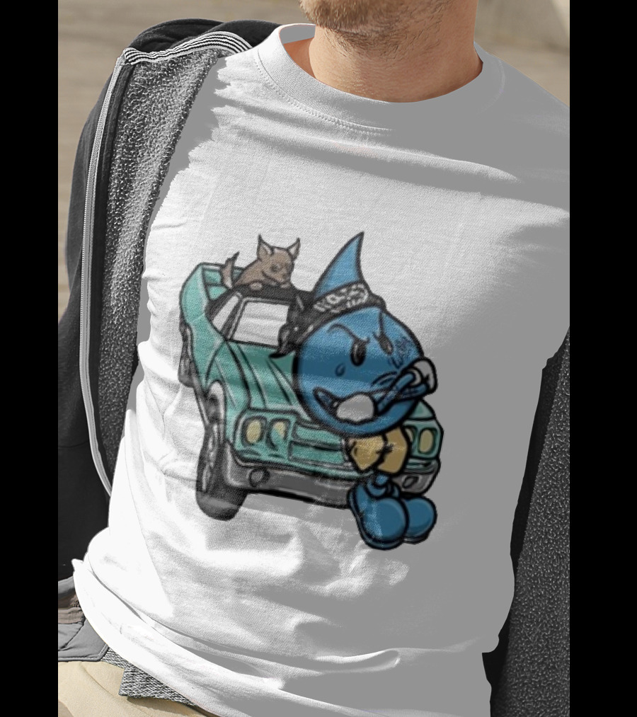 Thornhill Bat White Blue Cartoon Character With Dog In Classic Car T-Shirt