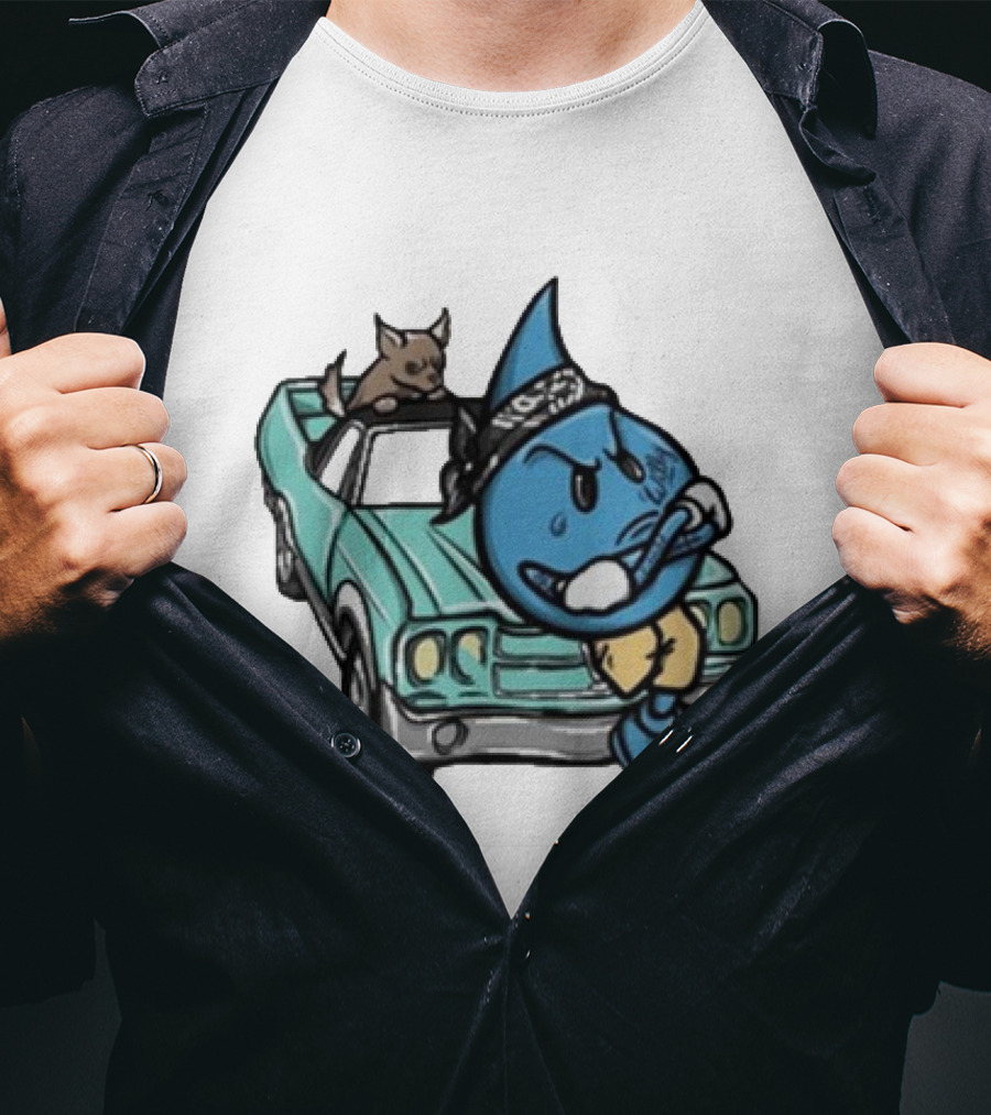 Thornhill Bat White Blue Cartoon Character With Dog In Classic Car T-Shirt