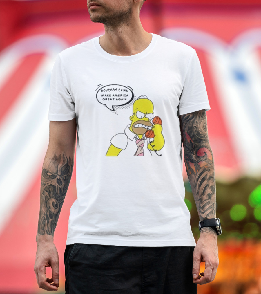 Boycott China Make America Great Again Simpsons Character Holding Phone T-Shirt