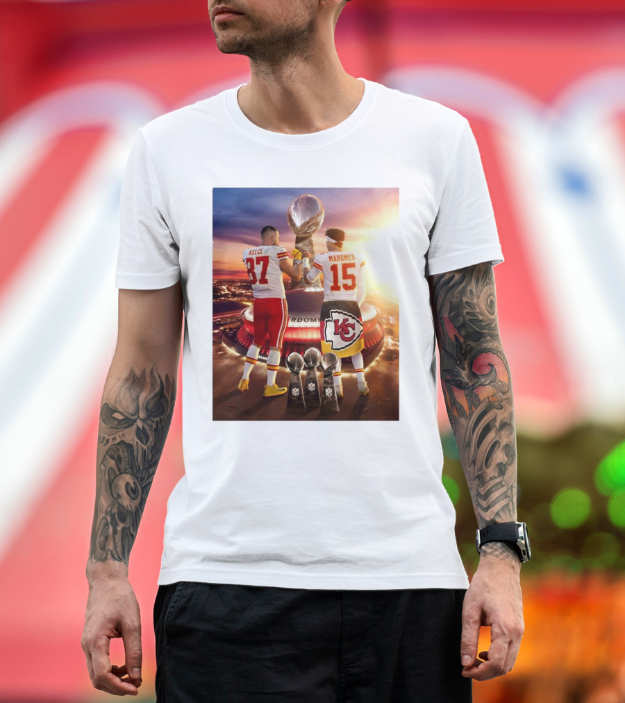 Travis Kelce Patrick Mahomes Kansas City Chiefs 2 Bros Chasing Fourth Title Super Bowl LIX Trophy 87 15 T-Shirt