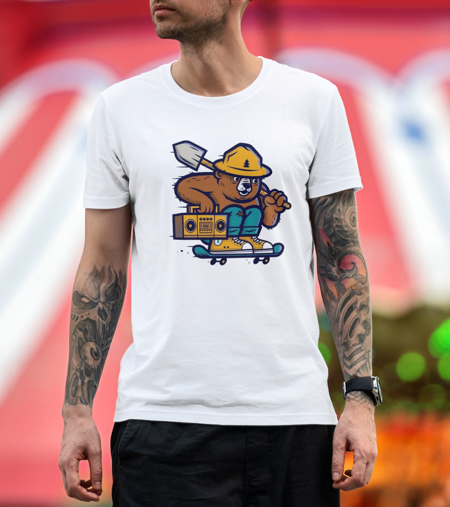 ```Wildfire Relief Bear Skateboarding with Boombox and Shovel``` T-Shirt