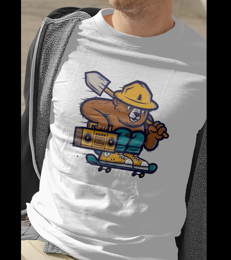 ```Wildfire Relief Bear Skateboarding With Boombox And Shovel``` T-Shirt