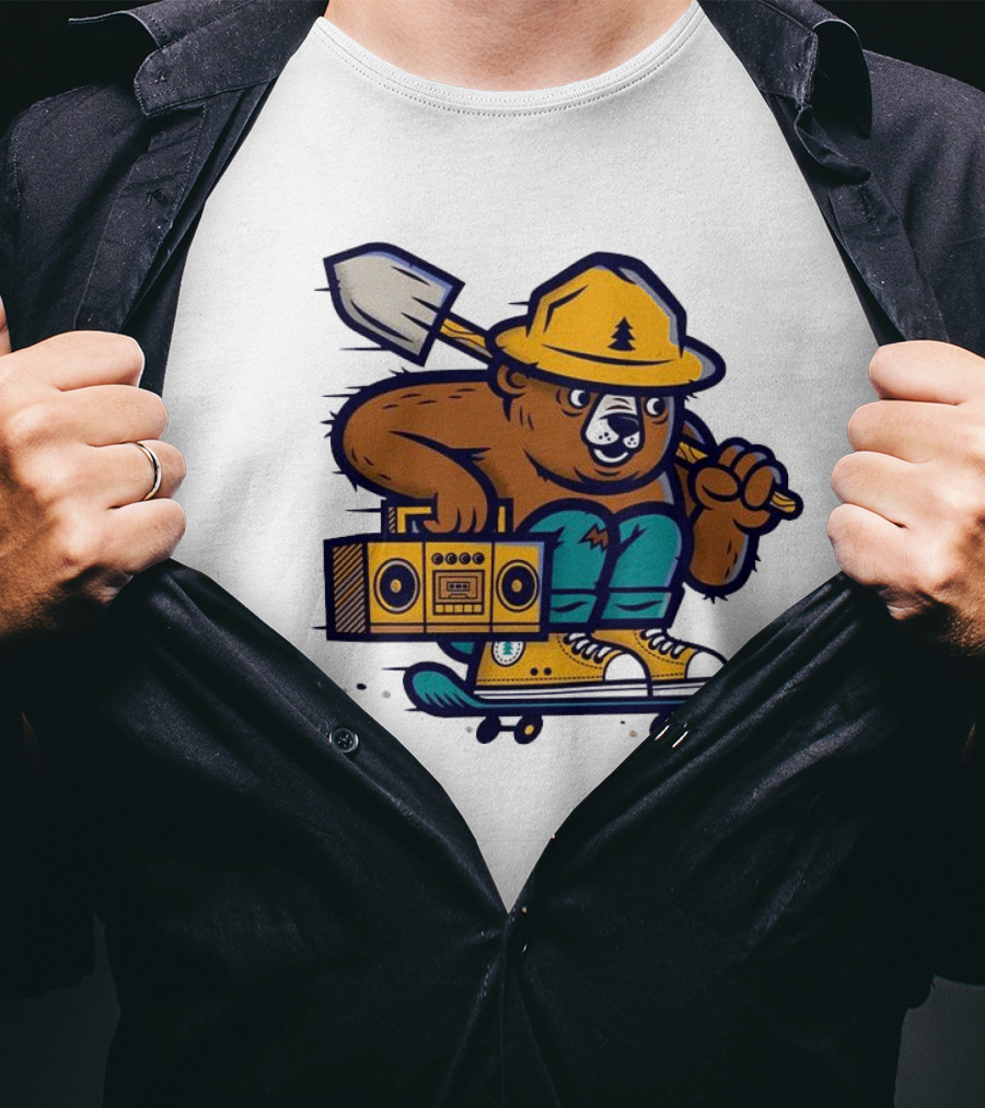 ```Wildfire Relief Bear Skateboarding With Boombox And Shovel``` T-Shirt
