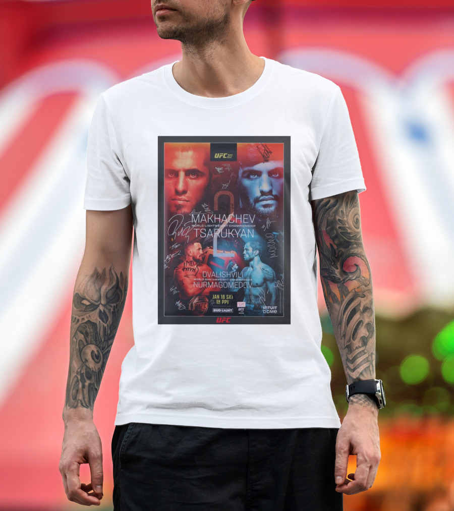 UFC 311 Makhachev Tsarukyan Dvalishvili Nurmagomedov Autographed World Championship T-Shirt