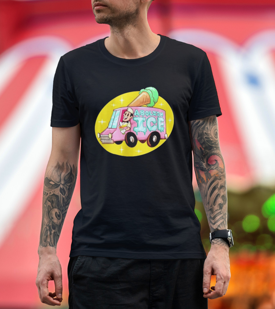 Abolish Ice Pink Ice Cream Truck With Melting Cone On Yellow T-Shirt