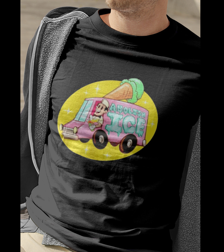 Abolish Ice Pink Ice Cream Truck With Melting Cone On Yellow T-Shirt