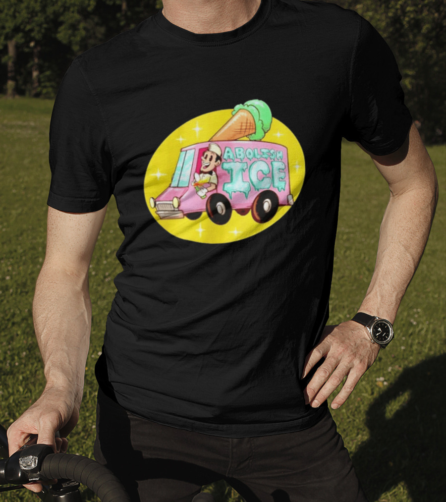Abolish Ice Pink Ice Cream Truck With Melting Cone On Yellow T-Shirt