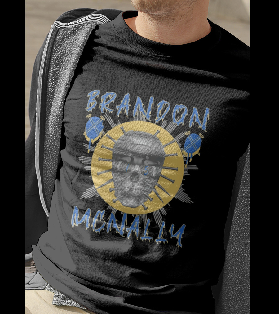 Brandon McNally Hockey Skull 15 Helmet Nails Blue Yellow T-Shirt