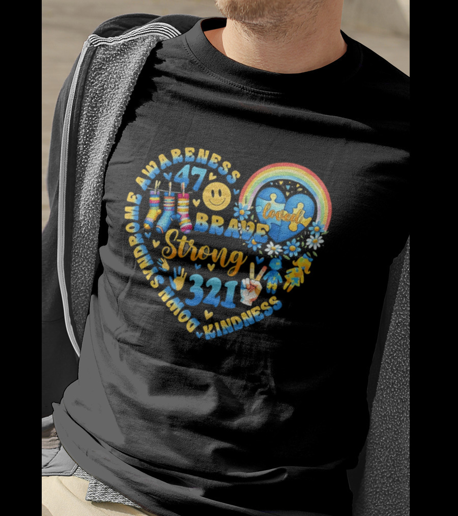 Brave Strong 321 Down Syndrome Awareness Heart Rainbow Puzzle Socks Loved T-Shirt