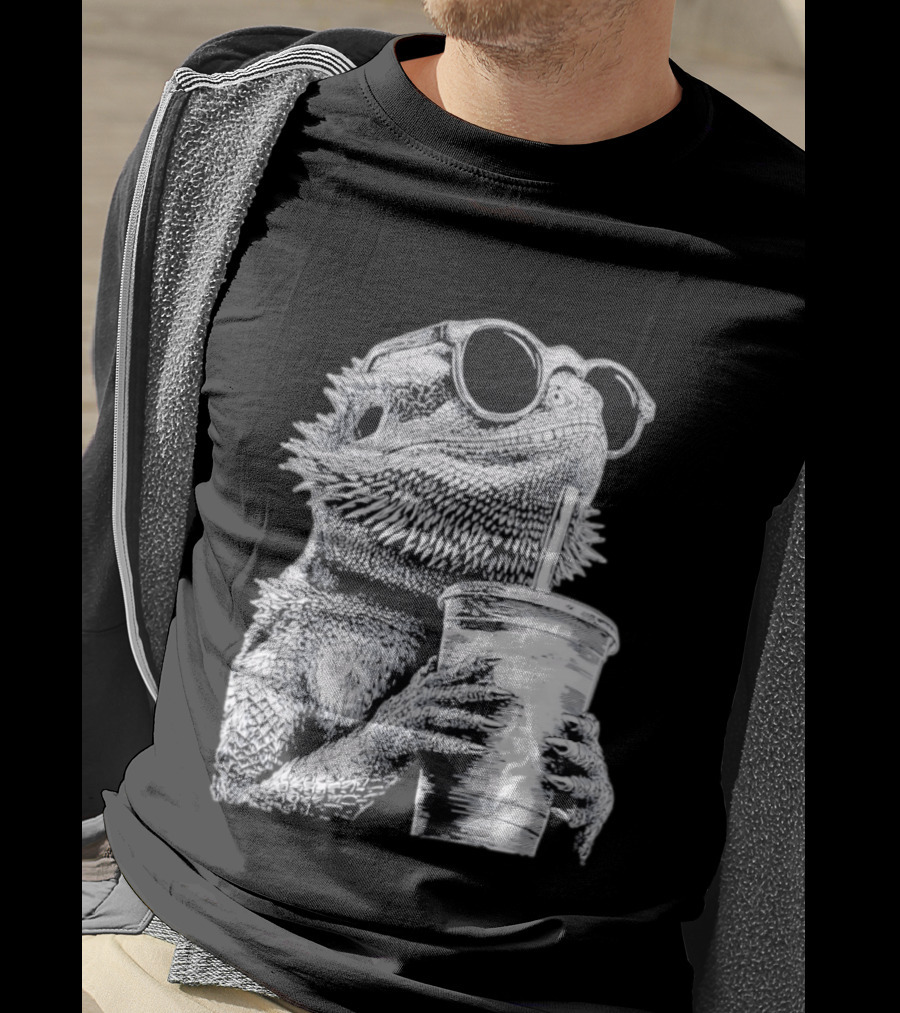 Bearded Dragon With Sunglasses Drinking Iced Coffee T-Shirt