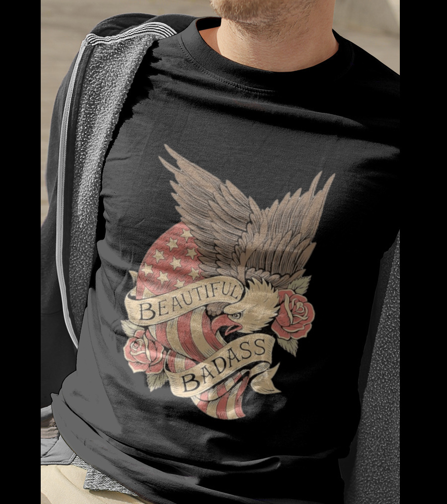 Beautiful Badass Eagle With American Flag And Roses T-Shirt