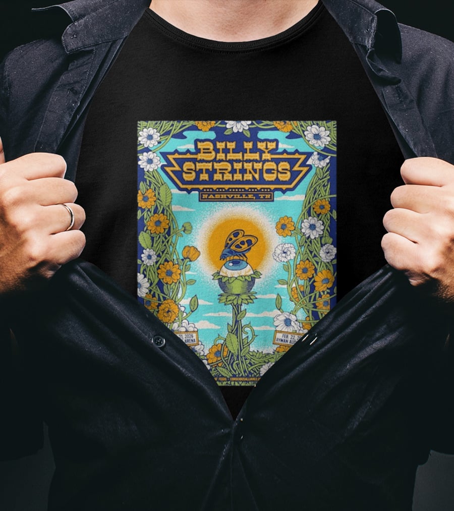 Billy Strings Nashville TN Bridgestone Arena Ryman Auditorium February 2026 Butterfly Flowers T-Shirt