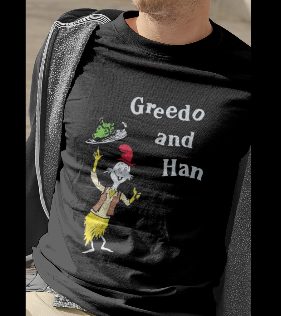 Greedo And Han Whimsical Cartoon Character Balancing Act T-Shirt