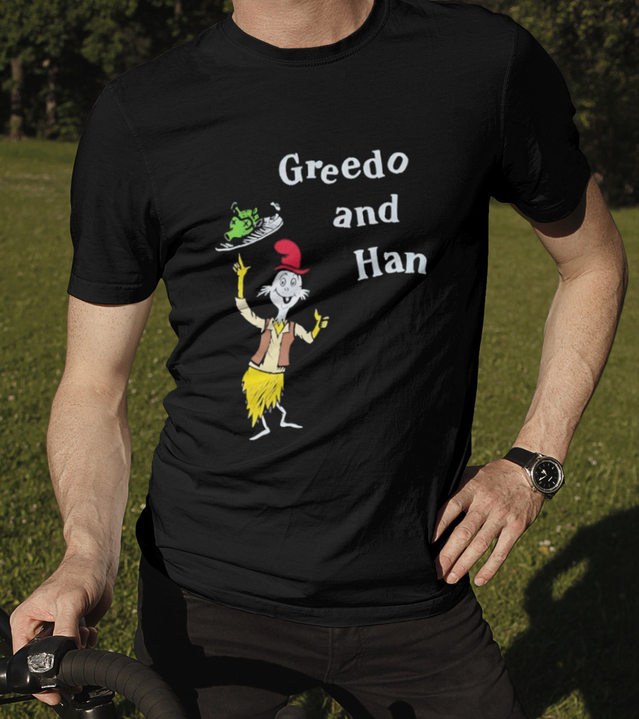Greedo And Han Whimsical Cartoon Character Balancing Act T-Shirt
