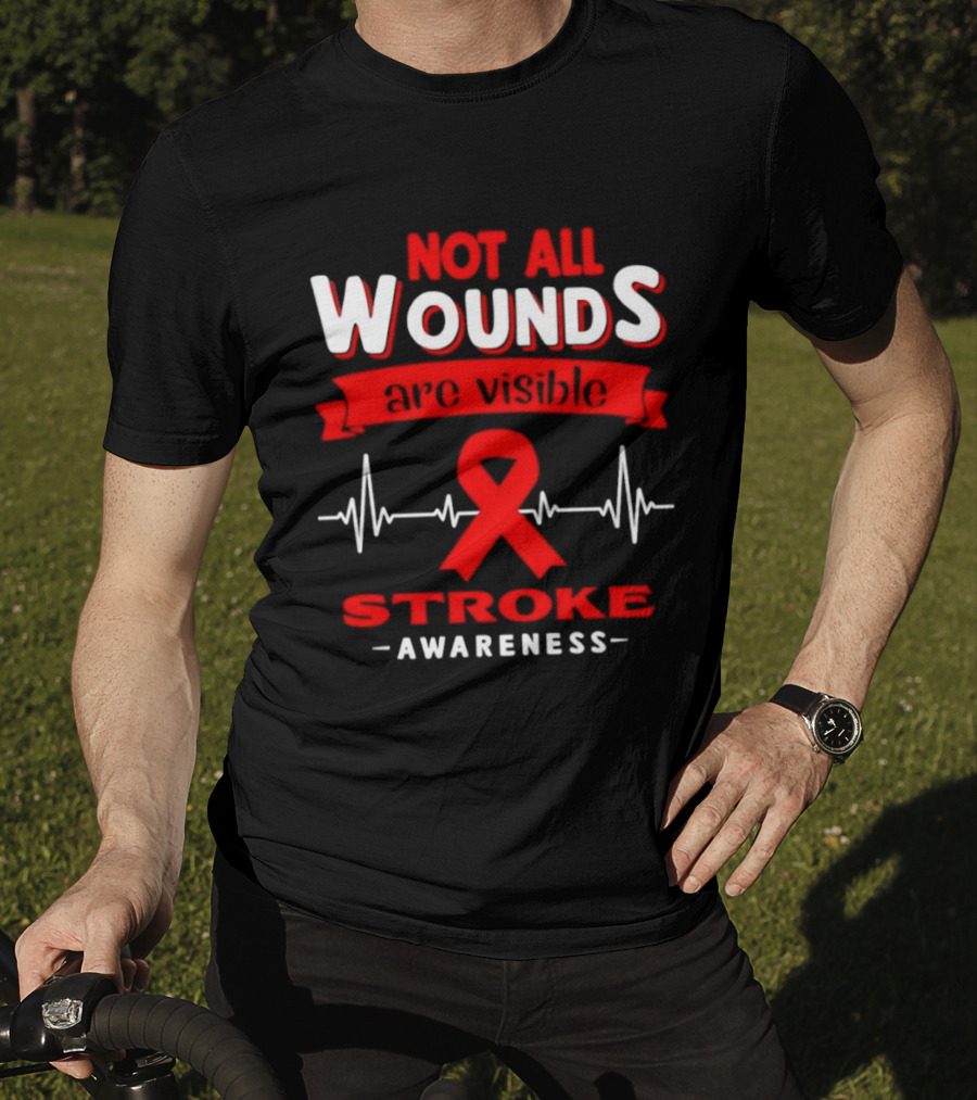 Red Ribbon Heartbeat Not All Wounds Are Visible Stroke Awareness T-Shirt