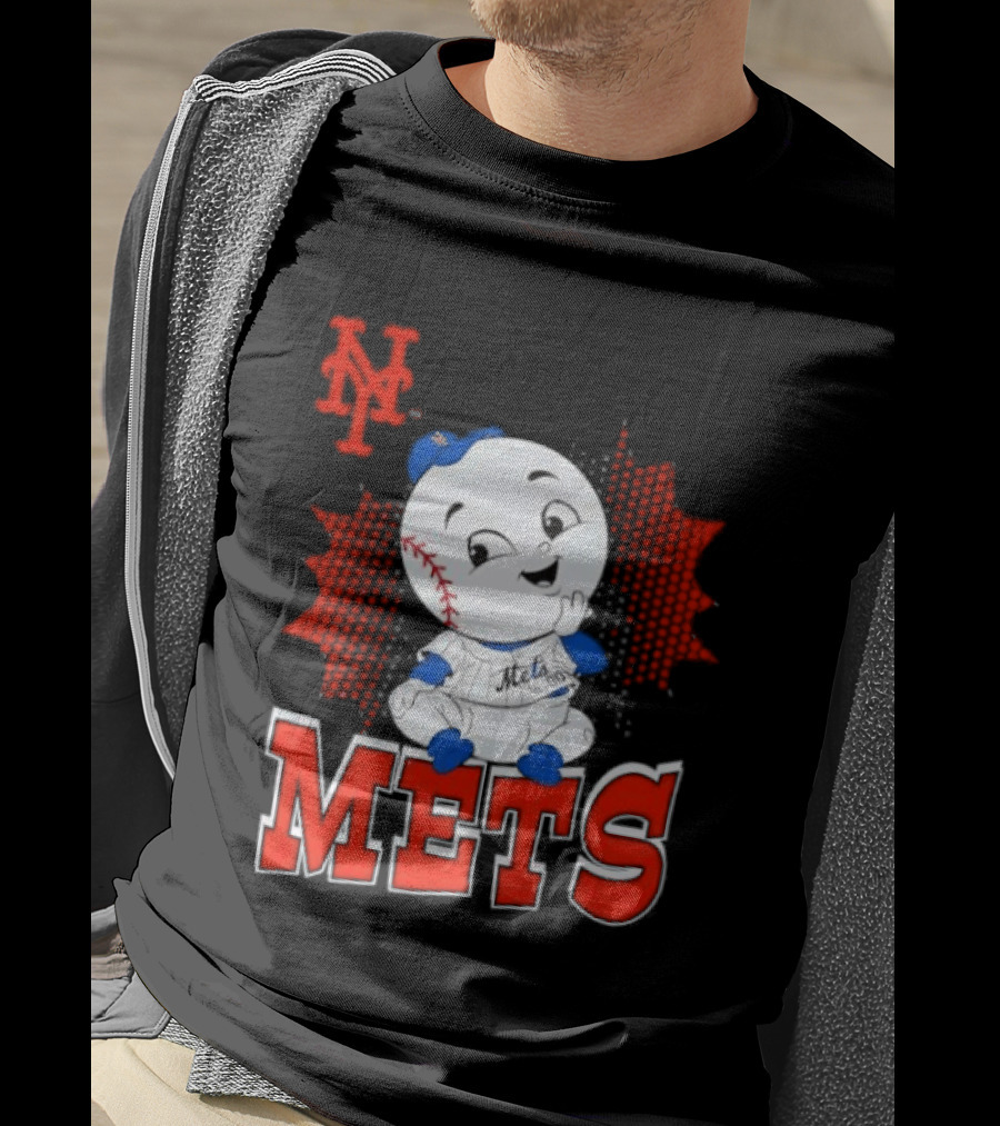NY Mets Mr. Met Cartoon Character With Baseball And Team T-Shirt