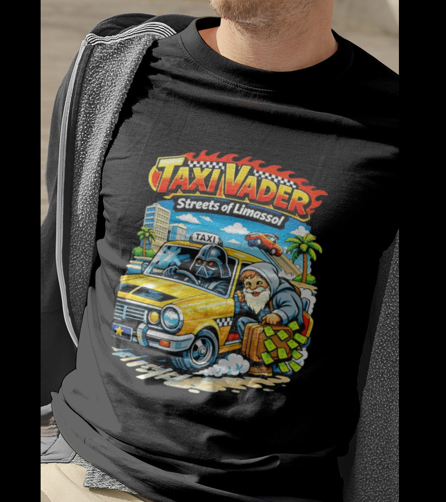 Taxi Vader Streets Of Limassol Adventure With Iconic Characters And Yellow Cab In Cityscape T-Shirt