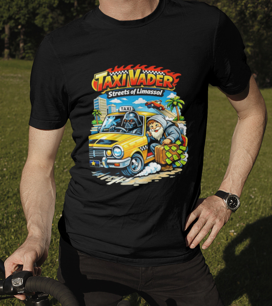 Taxi Vader Streets Of Limassol Adventure With Iconic Characters And Yellow Cab In Cityscape T-Shirt