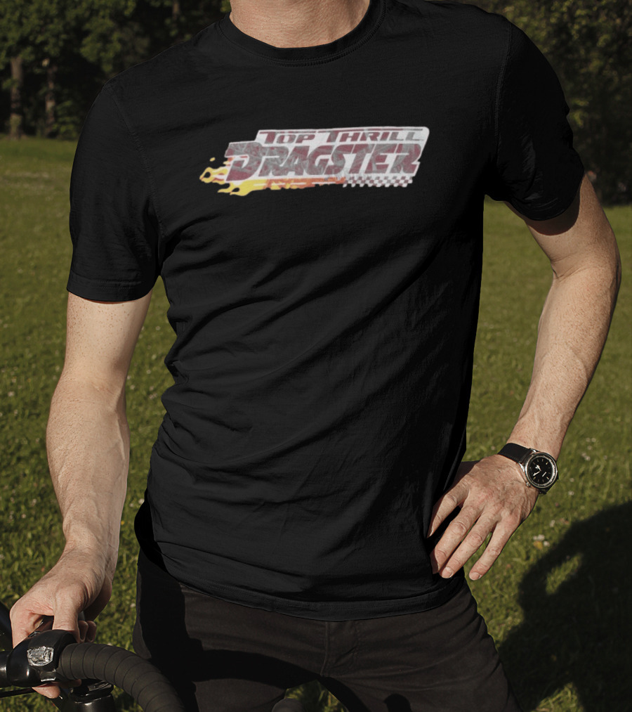 Top Thrill Dragster Flames And Racing Checkered Accents T-Shirt