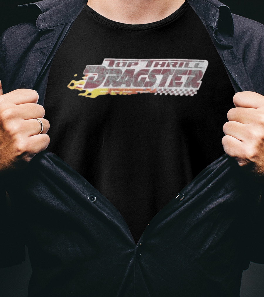 Top Thrill Dragster Flames And Racing Checkered Accents T-Shirt