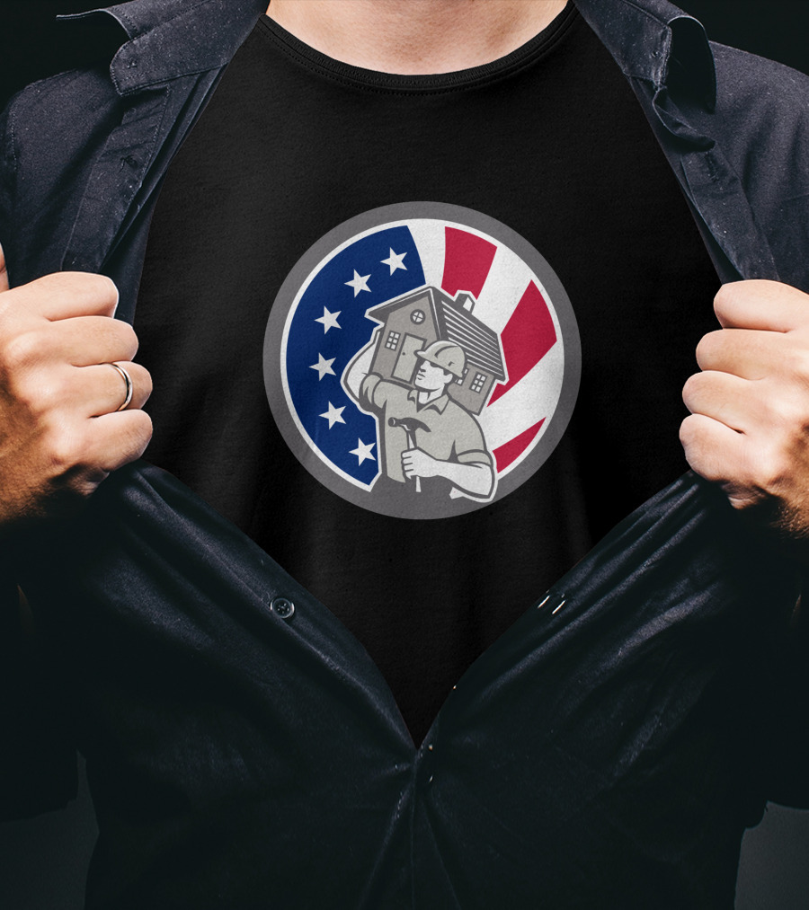 American Building Contractor USA Flag Home Construction Worker T-Shirt