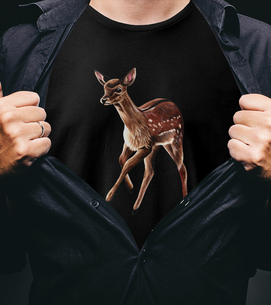 Baby Fallow Deer Fawn Ink And Watercolour Wildlife T-Shirt