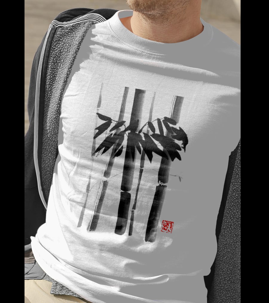 Bamboo Stalks With Artistic Black Brushstroke And Red Stamp T-Shirt