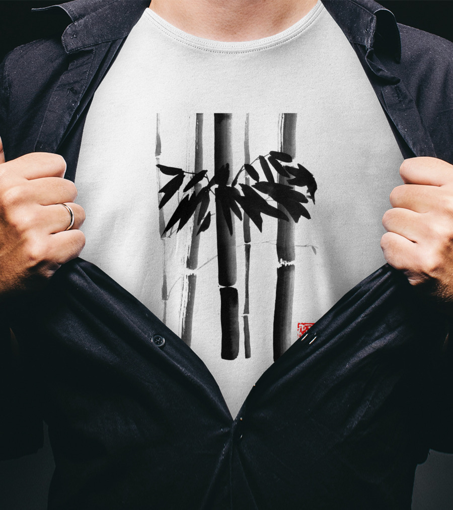Bamboo Stalks With Artistic Black Brushstroke And Red Stamp T-Shirt