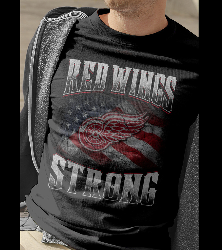 Red Wings Strong American Flag Winged Wheel T-Shirt