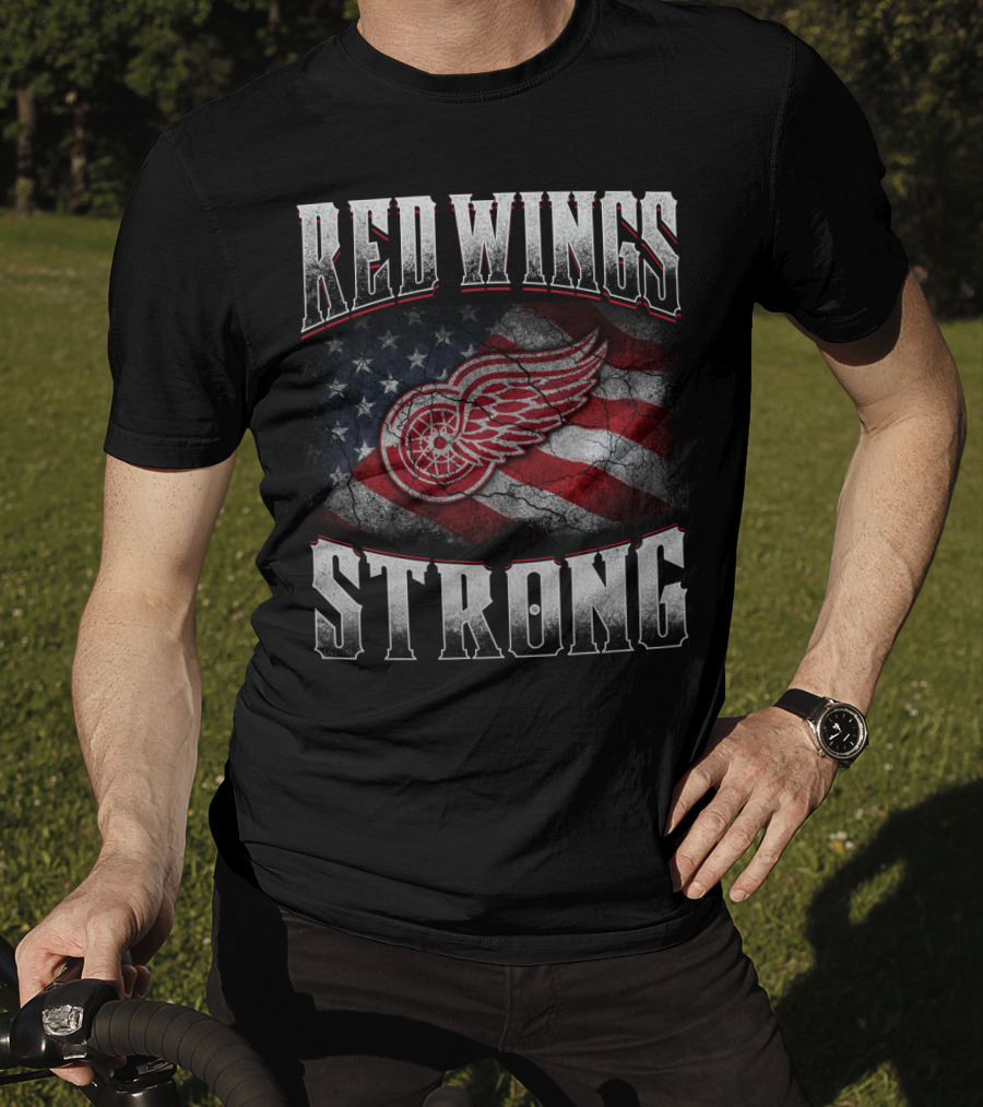 Red Wings Strong American Flag Winged Wheel T-Shirt