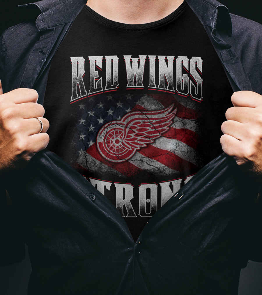 Red Wings Strong American Flag Winged Wheel T-Shirt