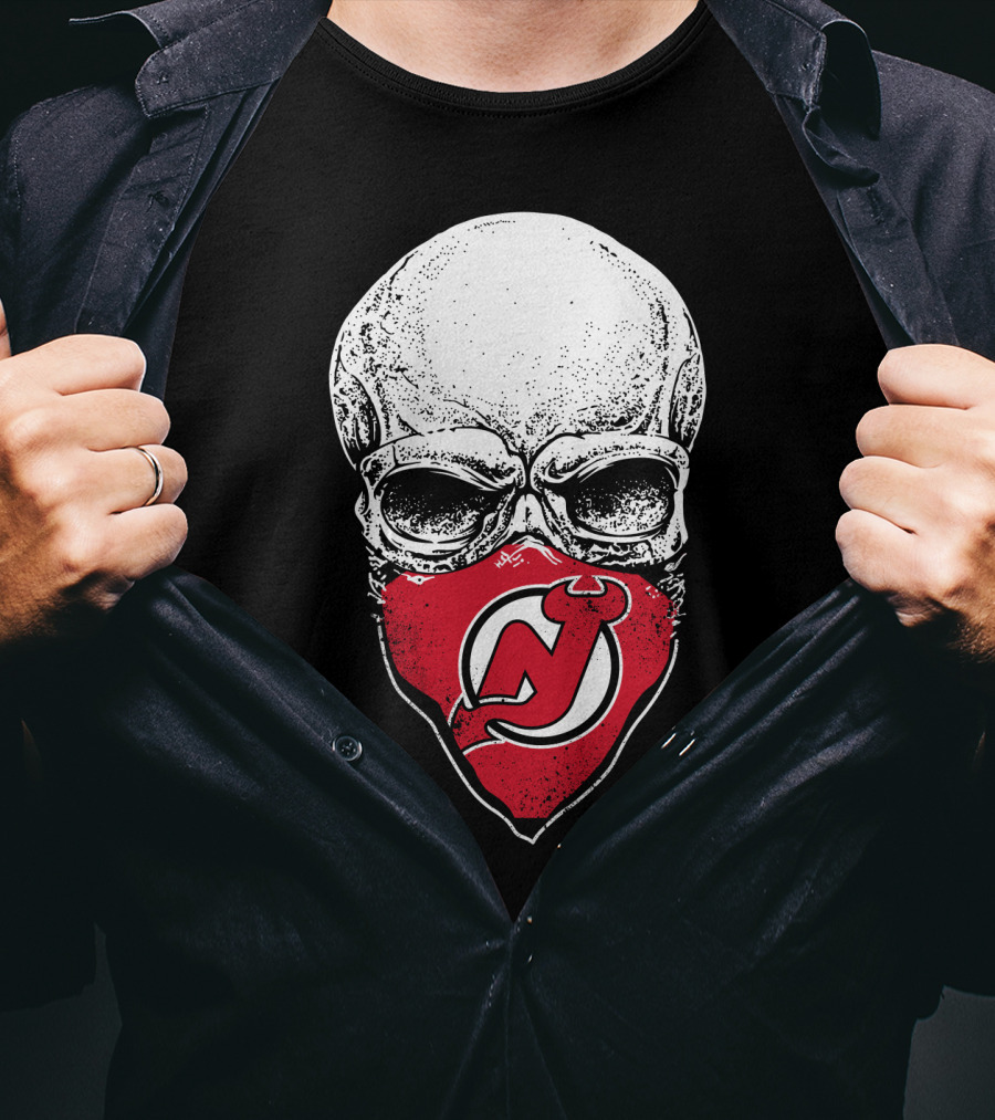 Skull With New Jersey Devils Logo As Face Mask T-Shirt