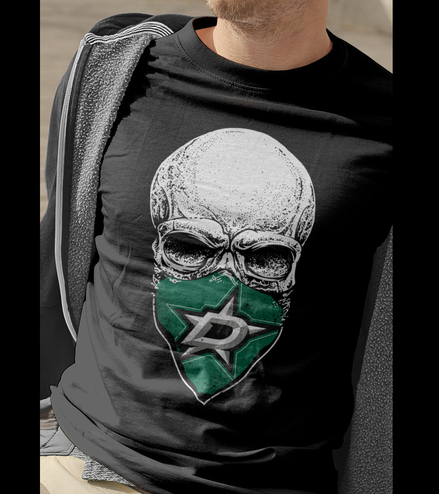 Dallas Stars Skull Mask With Team Logo On Black T-Shirt