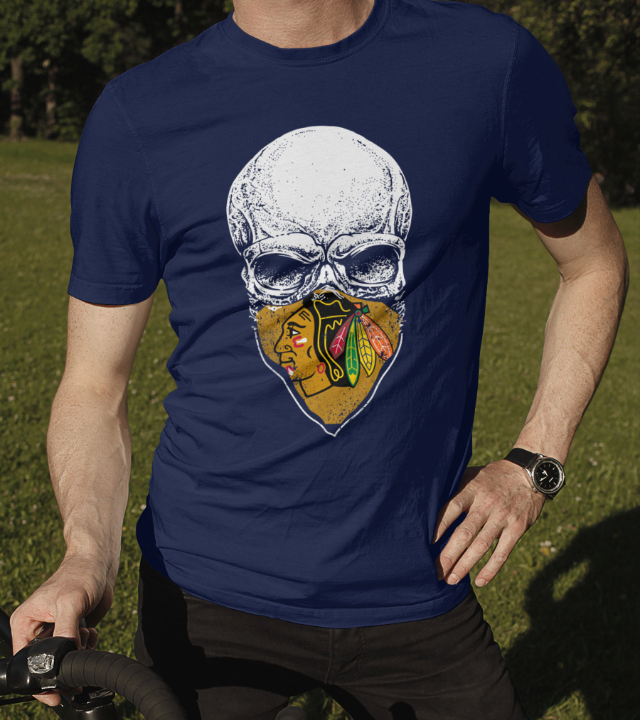 Skull With Native American Mask Blackhawks Logo Inspired T-Shirt